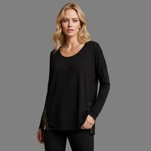 Carmen Marc Valvo Black Long Sleeve Studded Zip Side Blouse Size xl